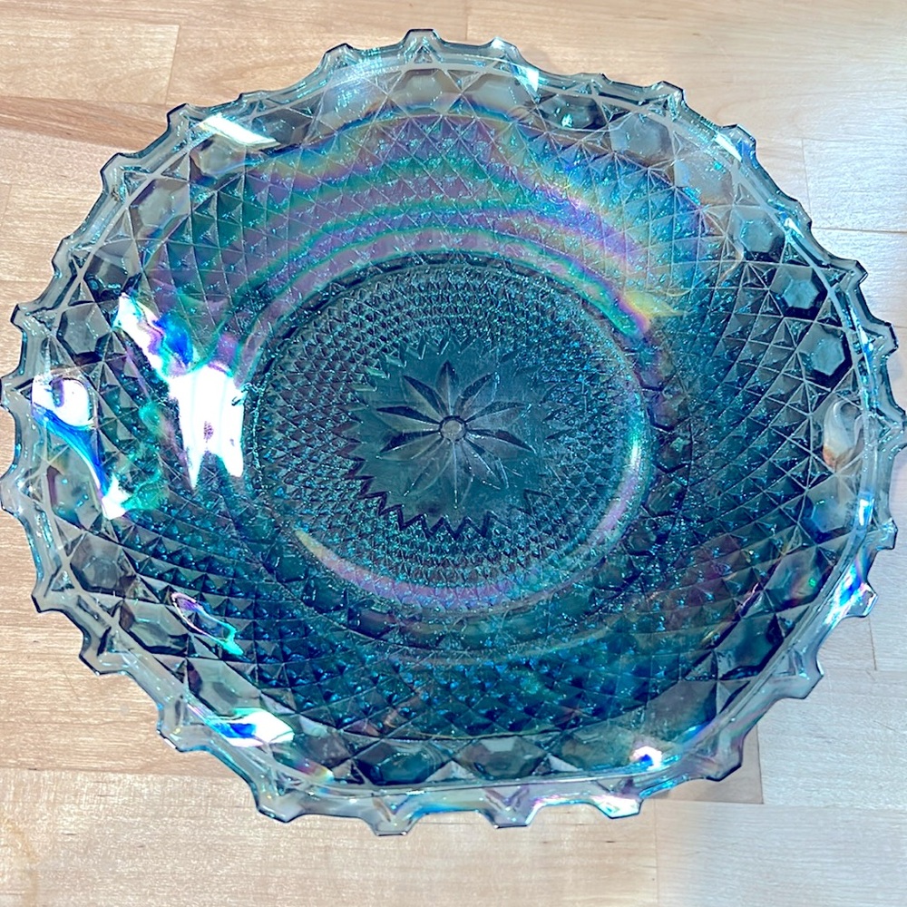 Vintage Carnival Glass Blue Iridescent Diamond Point pattern with ruffled edges